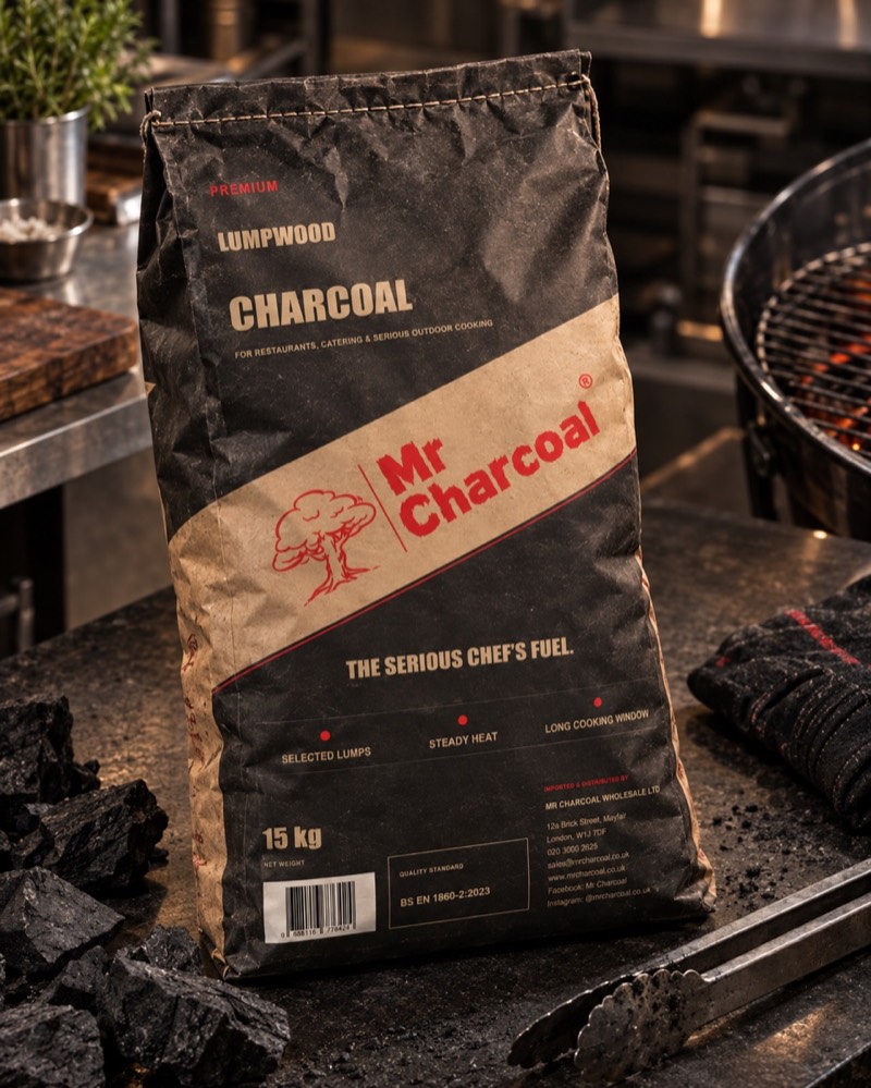 Mr Charcoal bag with lumpwood charcoal, grill tongs and cooking equipment