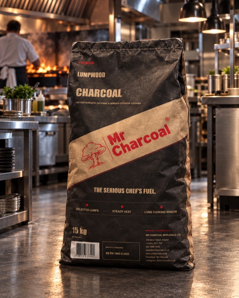 Mr Charcoal lumpwood charcoal bag in a professional restaurant grill setting